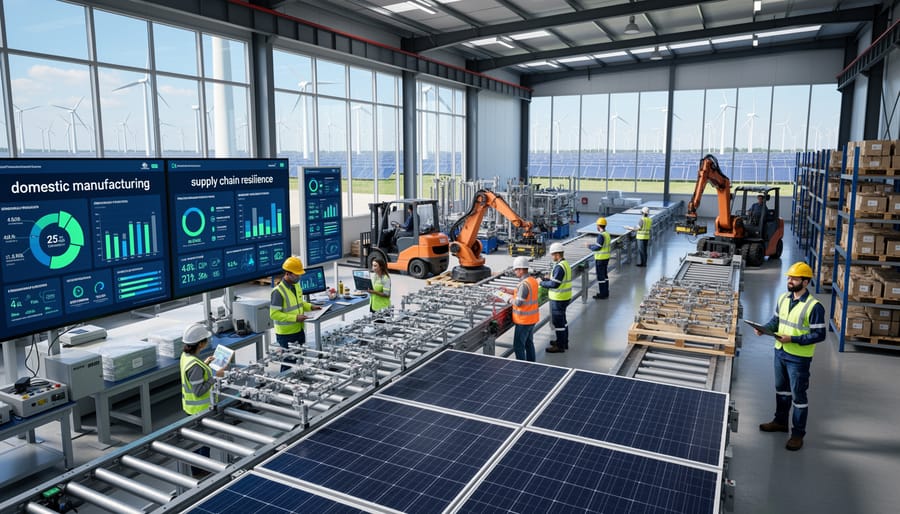 Solar panel manufacturing facility with automated production equipment and workers