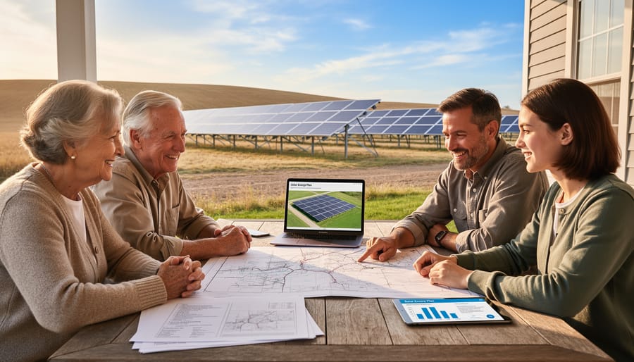 Adult siblings reviewing land development documents together outdoors on family property
