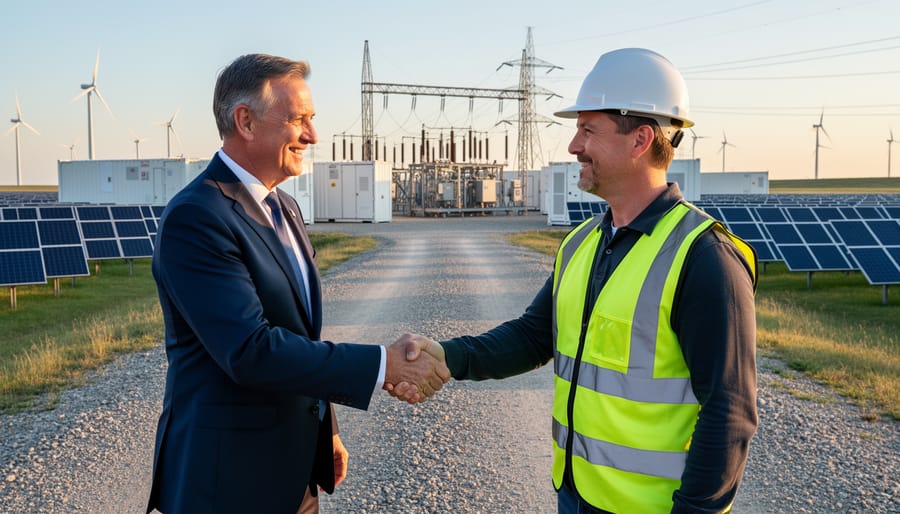 Government representative in suit shaking hands with a hardhat renewable energy manager at a utility-scale solar farm, with battery storage containers, wind turbines, and a substation in the background at golden hour
