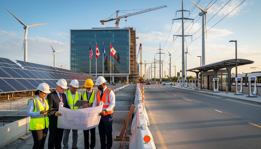Modern government building with people entering, representing institutional clean energy funding initiatives
