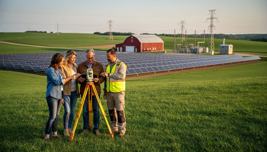 Three siblings and a land surveyor at a rural property boundary reviewing a tablet beside a survey tripod at golden hour, with softly blurred rows of solar panels, rolling fields, a barn, and distant transmission lines in the background.