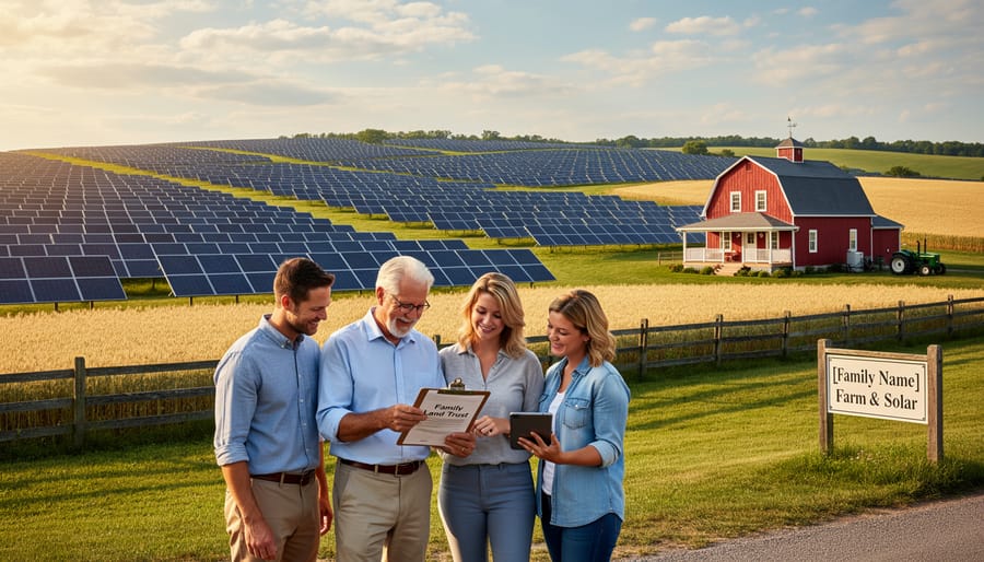 Aerial view of solar panel installation on rural farmland showing integration with agricultural landscape