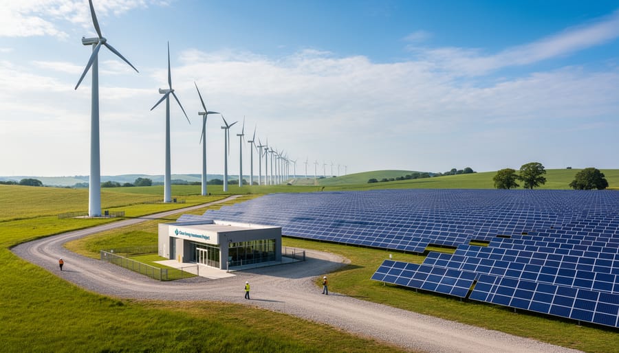 Aerial view of solar panel farm with wind turbines in background