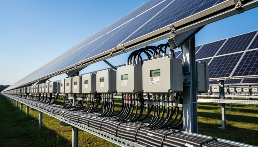 Close-up of professional electrical cables and junction boxes in solar panel installation