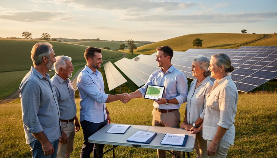 Professional handshake between landowner and solar developer over property documents
