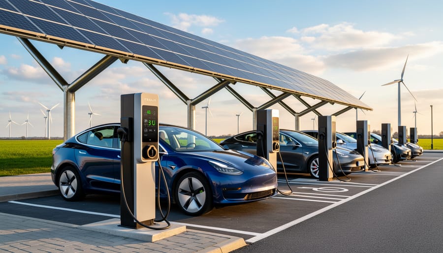 Electric vehicle charging at a modern charging station in a clean parking area.