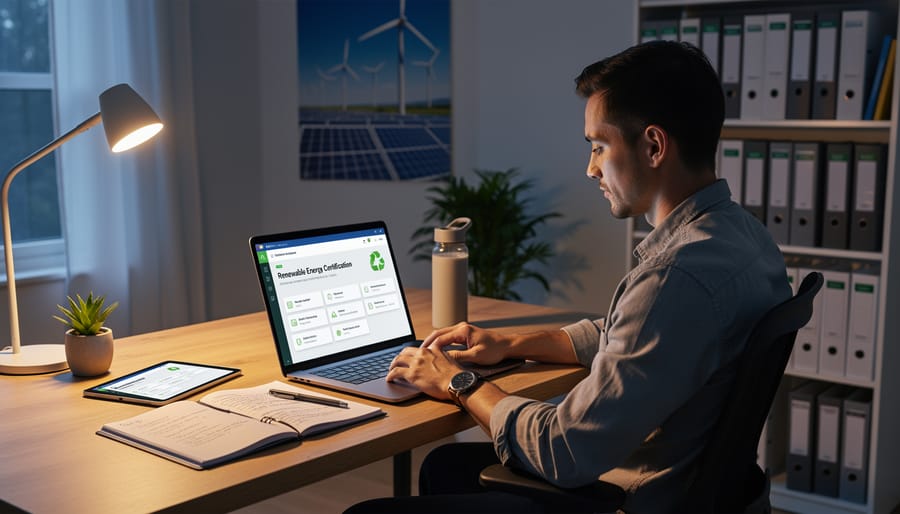 Laptop and study materials on a desk symbolizing online renewable energy certification learning.