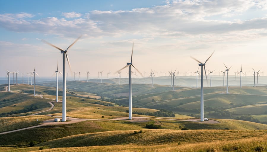 Onshore wind farm with spinning turbines under an overcast sky.