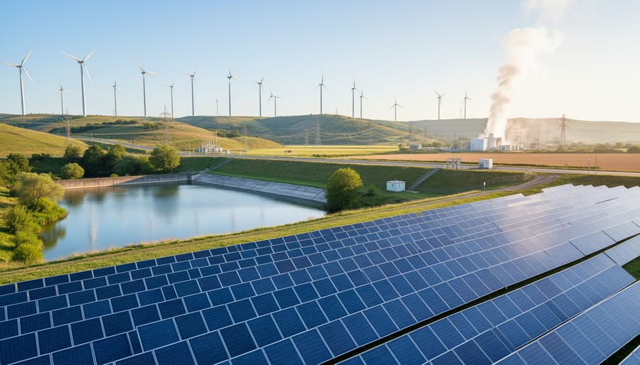 Wide landscape view combining solar panels, wind turbines, a hydro reservoir, and distant geothermal steam plume in natural daylight.