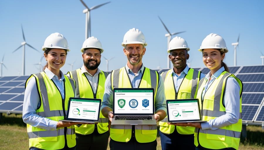 Renewable energy professionals in front of solar panels and a wind turbine, representing career-focused training.