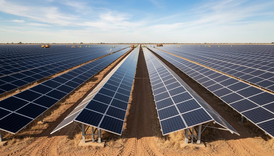 Utility-scale solar farm with photovoltaic panels catching golden hour sunlight.