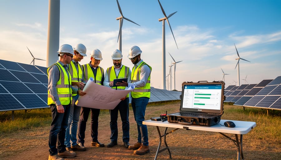 Technician near a wind turbine at golden hour representing real-world renewable energy expertise.