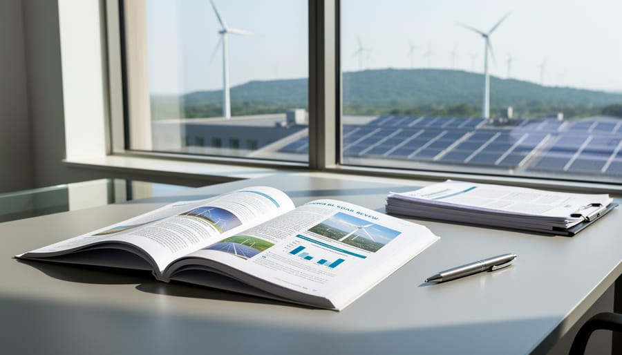 Open renewable energy journal on a wooden desk with safety glasses and a blurred view of wind and solar equipment in the background