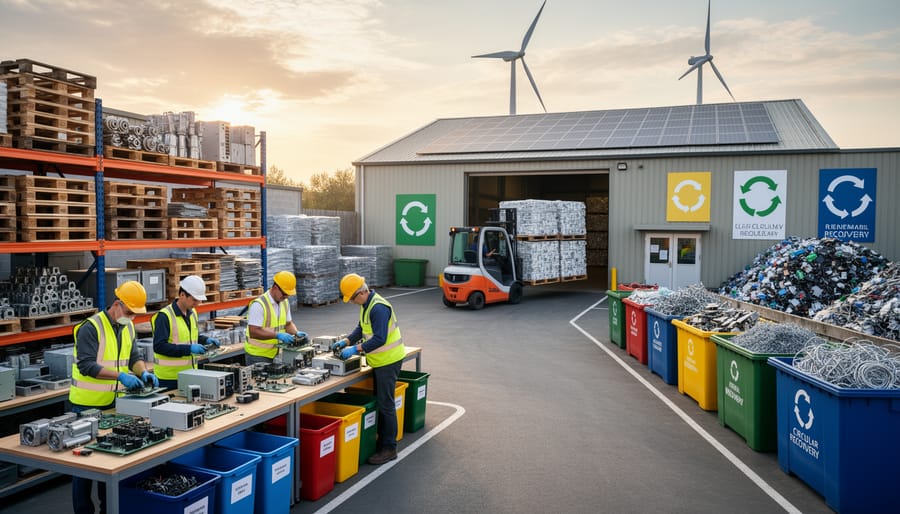 Refurbishment facility where a forklift moves recyclable wind and electrical components arranged on racks.