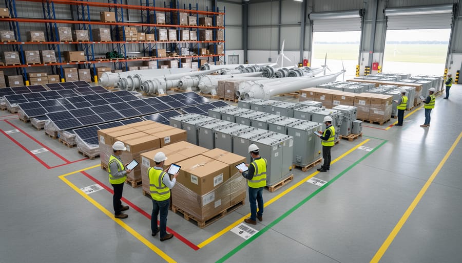 Renewable energy components staged in a warehouse, including solar boxes and bundled electrical cables near a loading bay.