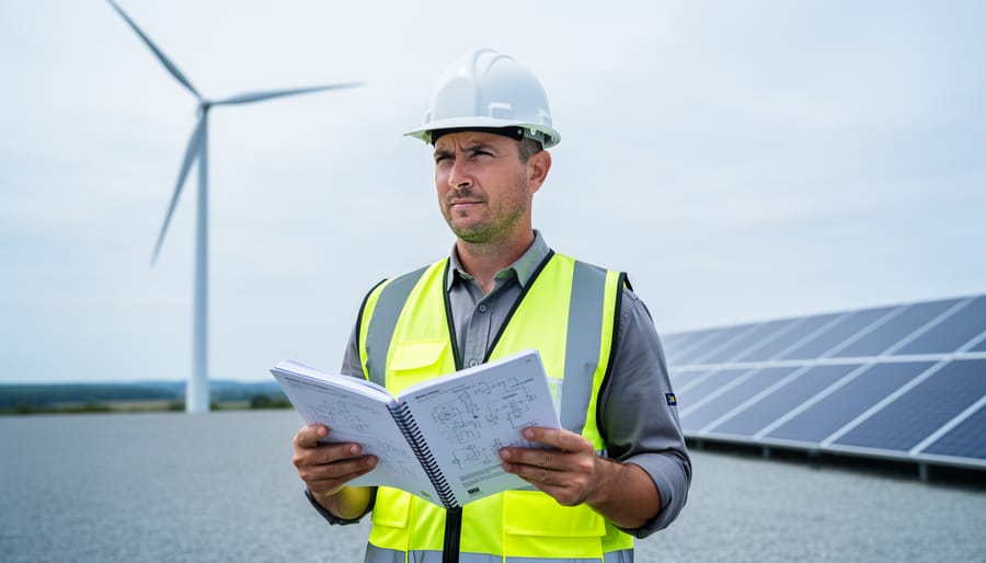 A renewable energy professional holding an open research journal with solar panels and a wind turbine in the background.