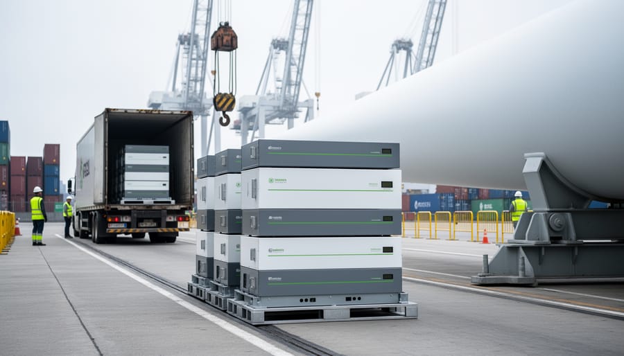 “Solar inverter boxes and a wind turbine blade section prepared on a loading dock beside a truck and cranes, representing a trusted renewable energy supply chain.”