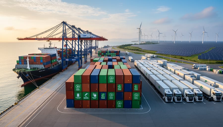 Sea container yard at dusk with crane unloading equipment and multiple cargo containers in view.