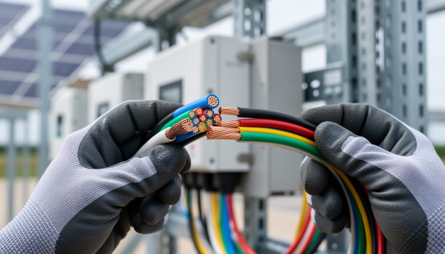 Technician inspecting a coiled electrical cable in a workbench setting with connectors and mounting hardware in the background.