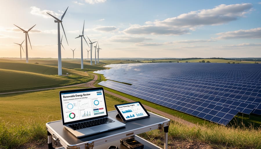 Wind turbine and utility-scale solar panels captured at golden hour with sharp details