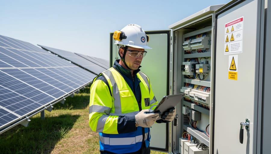 Emergency responder in high-visibility gear inspecting an inverter cabinet near solar panels at an outdoor renewable energy site