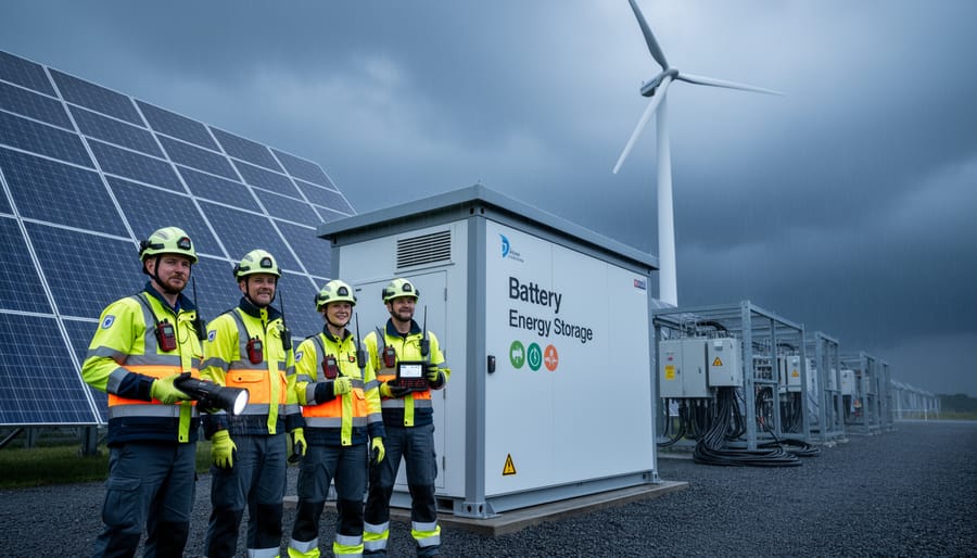Emergency response personnel in high-visibility safety gear near solar panels, a wind turbine, and a battery storage unit under stormy skies.