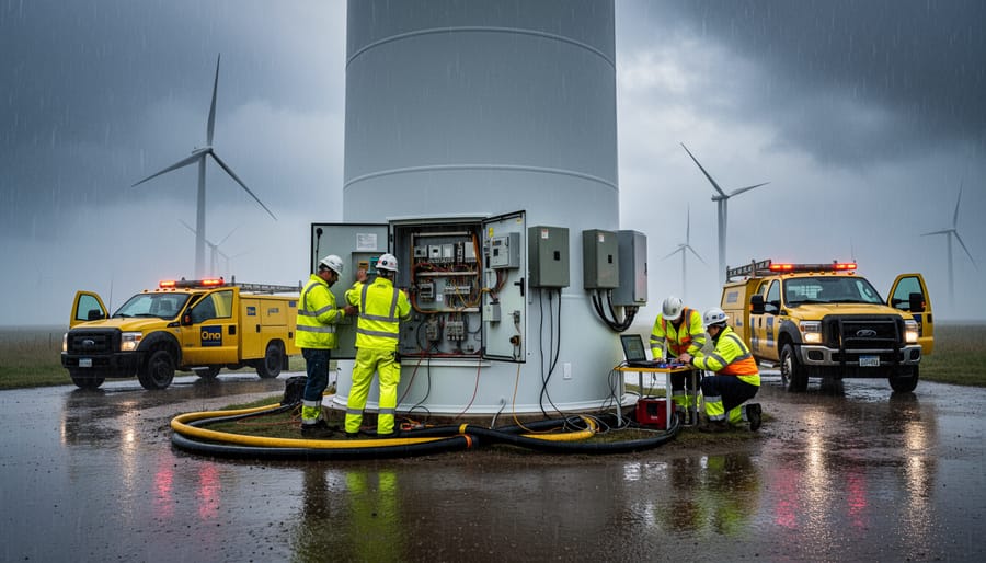 Technicians secure storm-covered electrical components near wind turbines during bad weather
