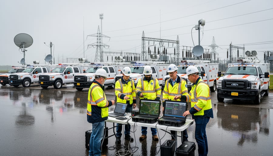 Emergency response convoy parked near damaged power infrastructure with communications equipment visible