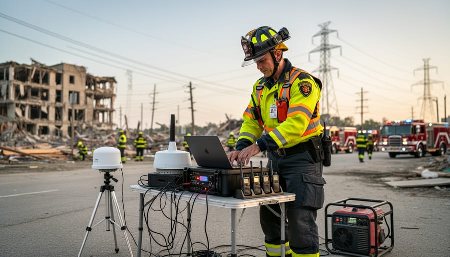 Emergency response technician carrying portable communications equipment outdoors in high-visibility safety gear