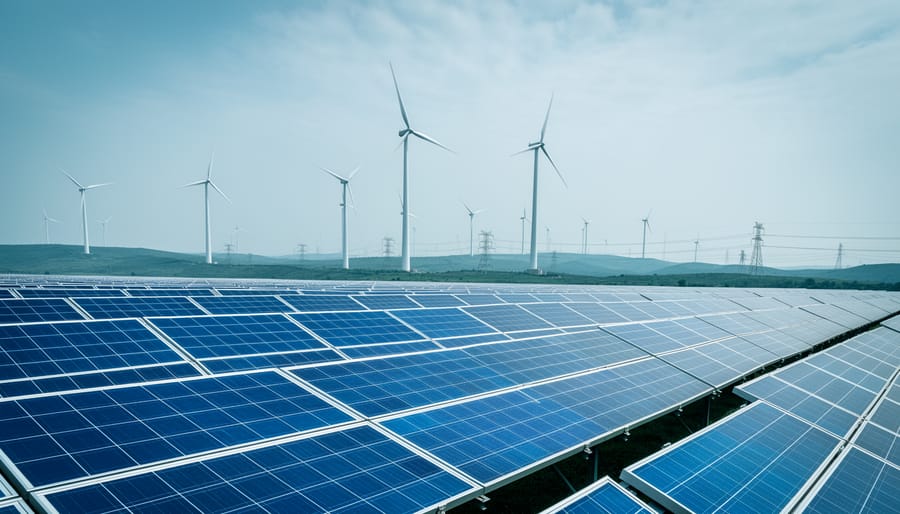 Wide shot of wind turbines and utility-scale solar panels in India under a bright overcast sky, representing the country’s growing non-fossil renewable capacity.