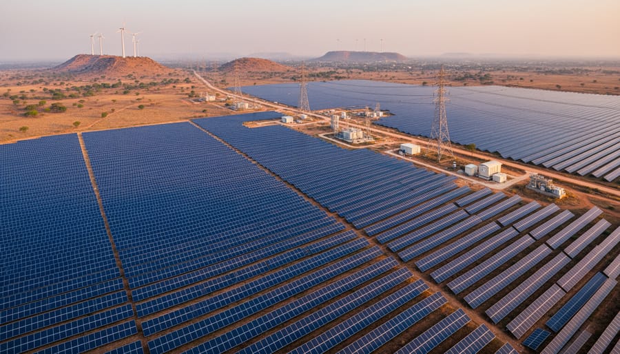 Utility-scale solar panels stretching toward the horizon under an overcast sky.