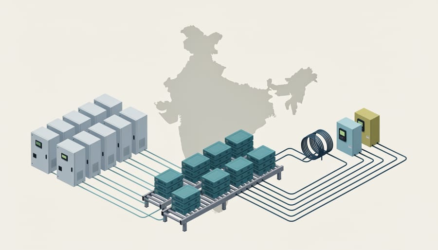 Gloved hands connecting cables on a stack of solar modules and inverter equipment at an industrial dock.