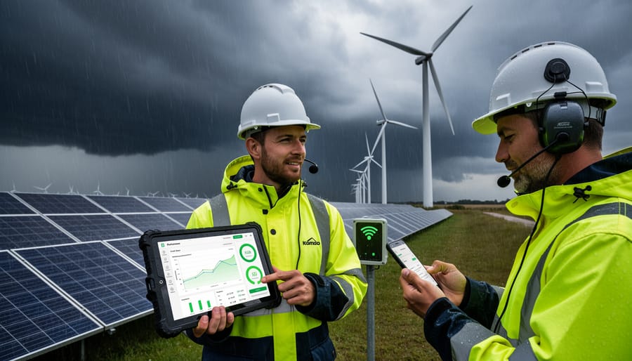 Technician in a storm near a solar inverter cabinet using a rugged mobile device while wind turbines are in the background