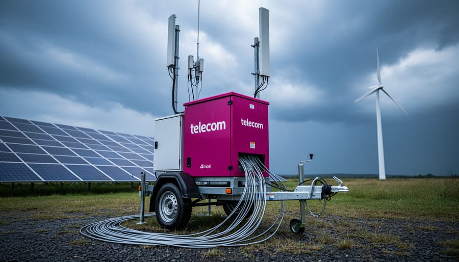 Mobile cellular response equipment on a portable tower near a remote solar and wind facility under stormy skies, representing emergency connectivity for energy operations.