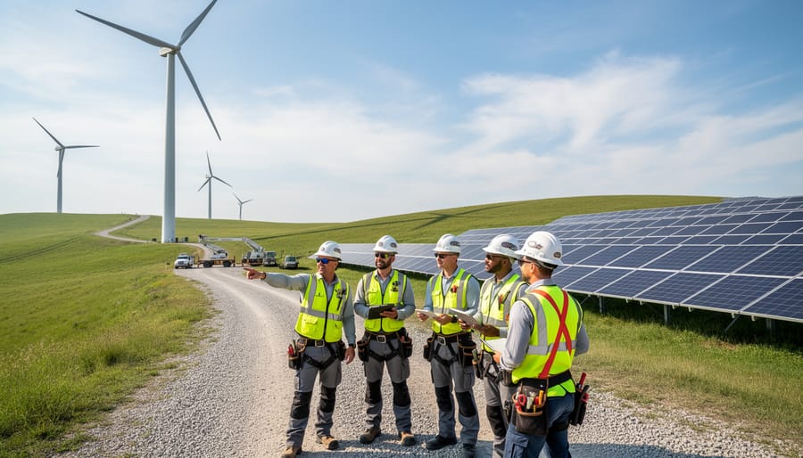 Technicians standing and working near the base of an onshore wind turbine at golden hour.