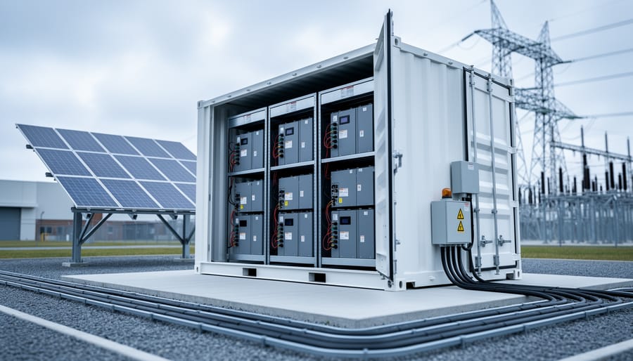“Wide shot of a containerized battery energy storage system next to solar panels at a modern microgrid site.”