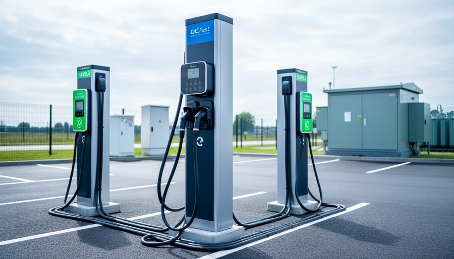 Outdoor EV charging stations with a DC fast charger and Level 2 units, electrical conduit, and utility equipment at an industrial parking site.