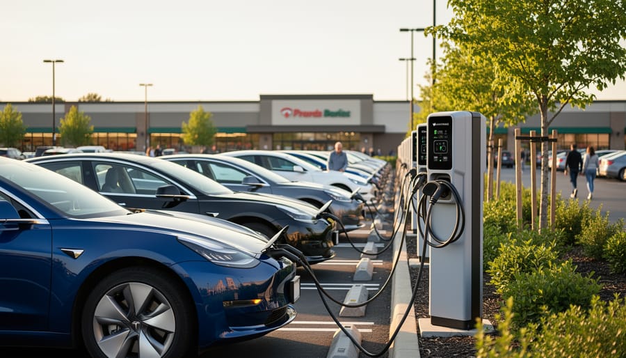 Multiple EV charging stations installed in a parking lot under a bright overcast sky