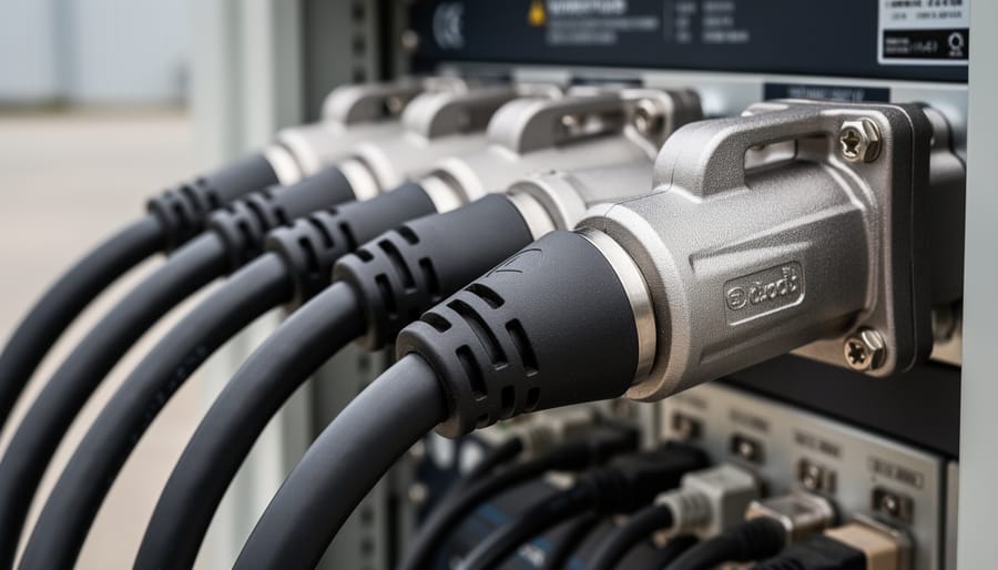High-voltage EV charging cable coils and rugged connector ends on an industrial workbench