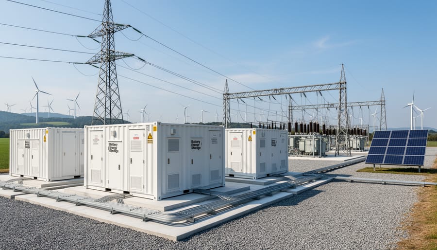 Battery energy storage system containers in an outdoor industrial yard near grid equipment