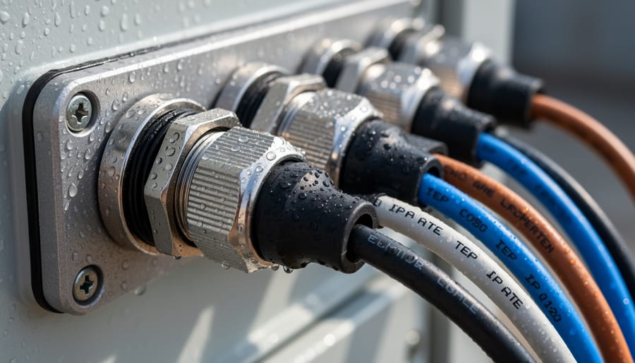 Technician installing cable glands and connectors on a weather-resistant outdoor power junction box