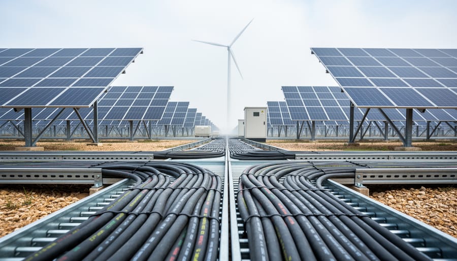 Organized power cable trays and armored electrical cables running neatly between solar panels at a renewable energy facility with a wind turbine in the distant background.