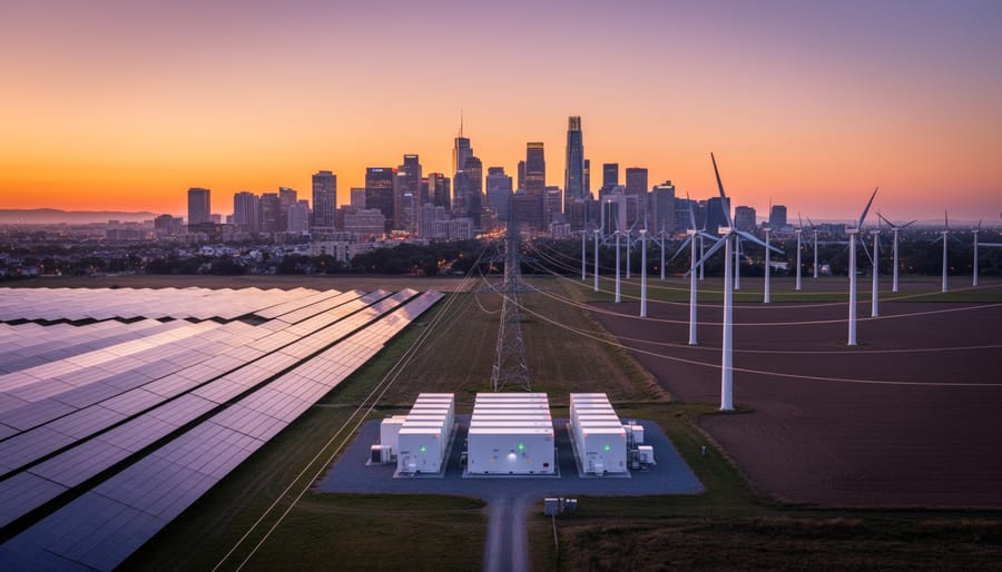 Solar panels at dusk with distant battery energy storage system lights near a substation
