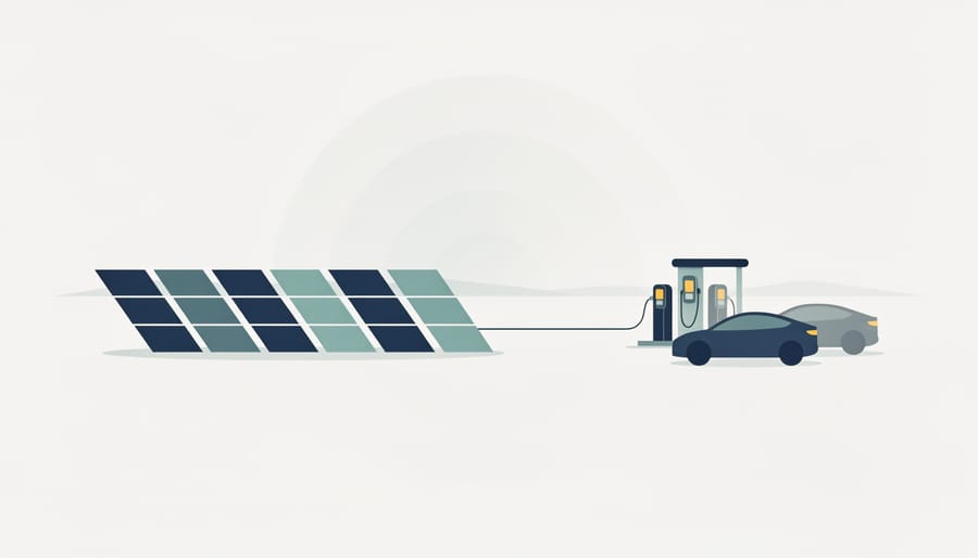 Solar panels in the foreground with EV charging infrastructure softly visible in the background