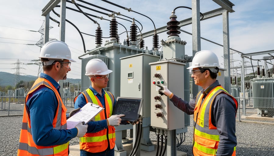 Technician inspecting a weatherized outdoor power-distribution enclosure near EV charging stations