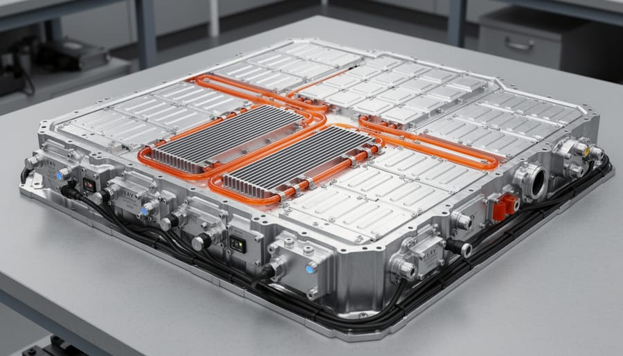 Close-up of thermal management components and cooling hardware next to a battery energy storage enclosure