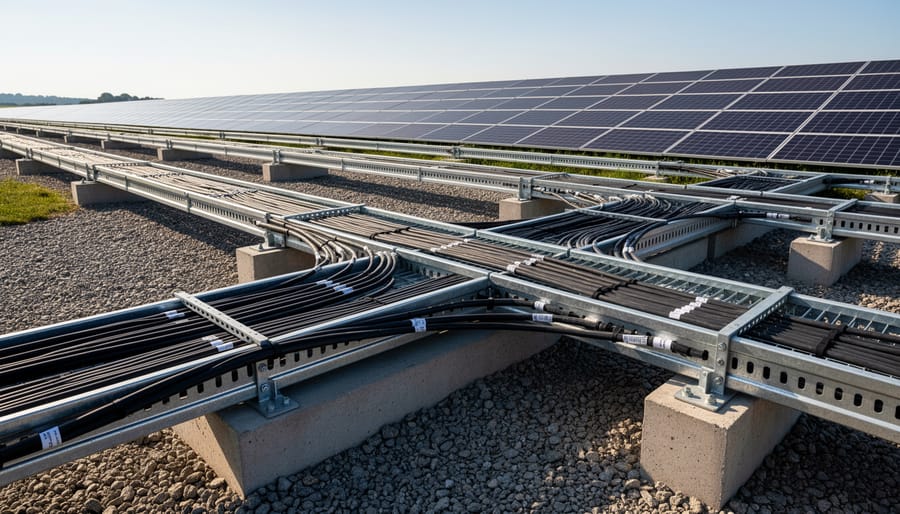 Utility-scale solar farm with cables neatly routed in cable trays and conduits along inverter equipment