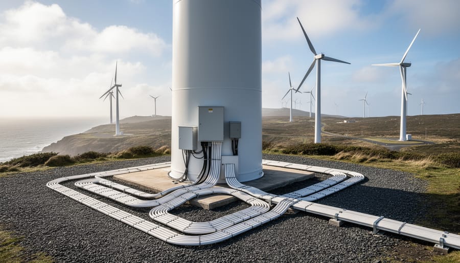 Wind turbine tower and substation area showing cable routing and protective structures in an outdoor environment